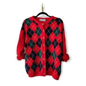 VINTAGE James Dalgliesh red argyle new wool cardigan sweater